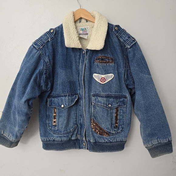 aka bay Other - Vtg 90s AKA BAY Puffy Denim Sherpa Lined Mens L Bomber Trucker Jacket Y2K